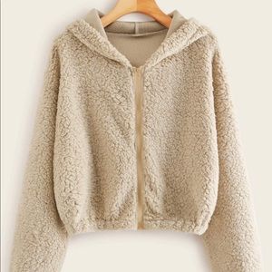 Solid Zip-up Hooded Teddy Jacket